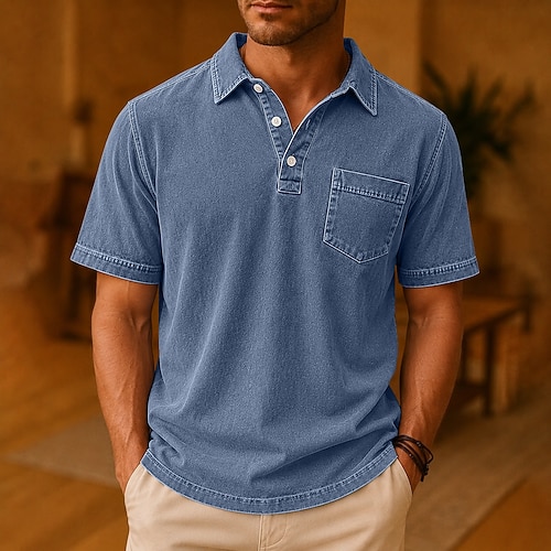 Herren Poloshirts Hemd aus 100 % Baumwolle in Säurewaschung Lässig Ferien Revers Kurzarm Mode Basic Einfach Jahrgang Rein Sommer Frühling Dunkelgrün Schwarz Marineblau Violett Purpur Braun Poloshirts Image