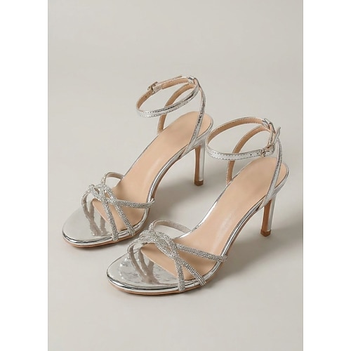 Damen Party Resortabende Strass Stiletto Runde Zehe Mode Glitzernd Schnalle Silber Image