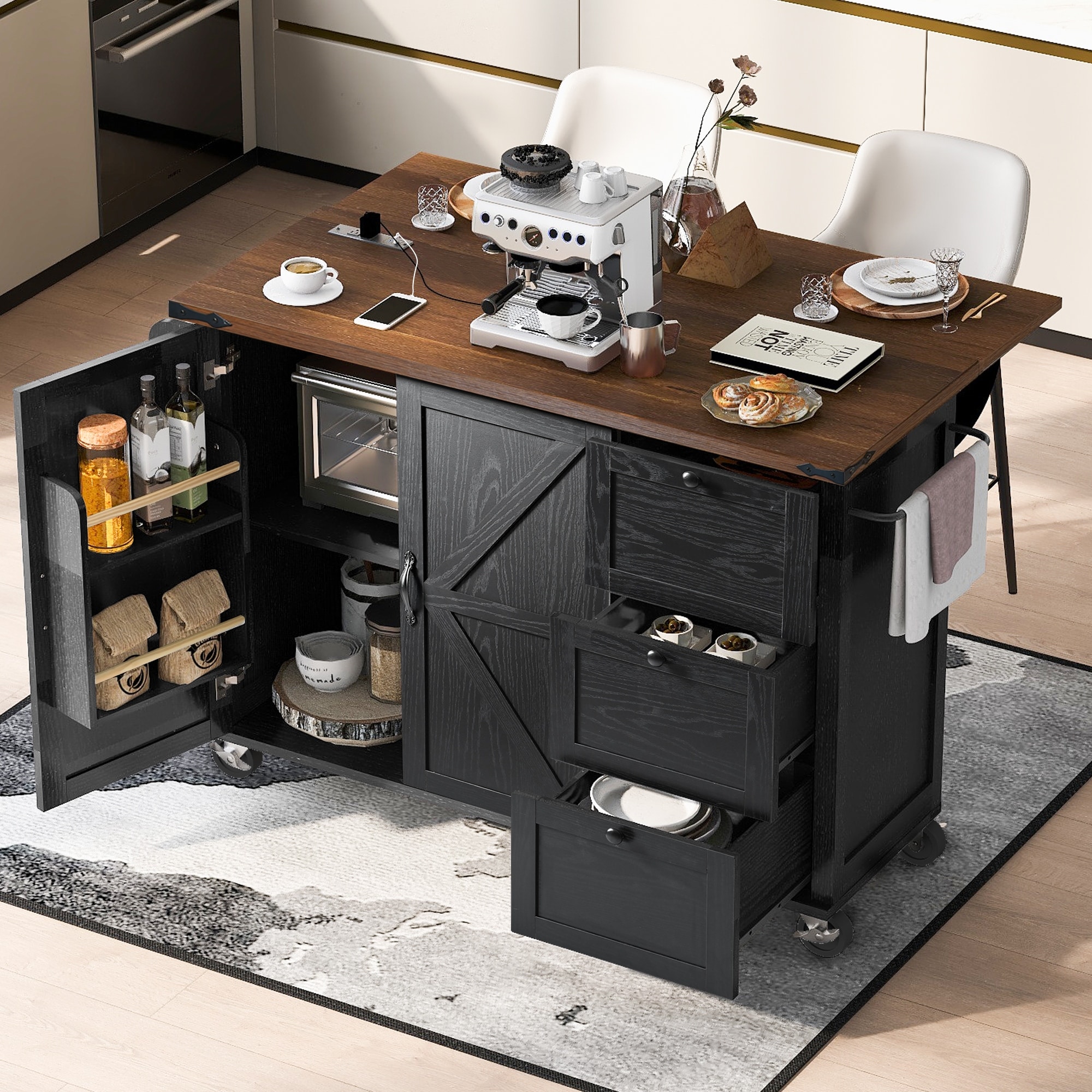 54.5" Farmhouse Kitchen Island with Power Outlet,Internal Storage Rack,Drop Leaf,Spice Rack,Rolling Kitchen Cart on Wheels