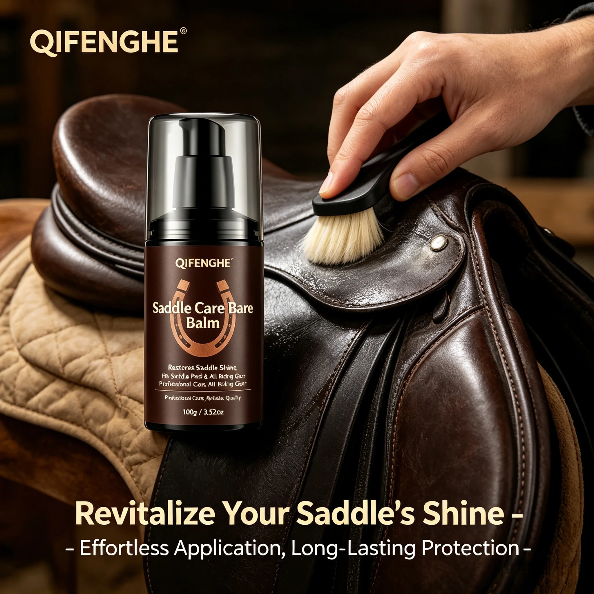 QiFENGHE Sattelbalsam für Pferdeausrüstung – Verleiht Glanz, Geeignet für Satteldecken & Reitausrüstung, Professionelle Qualität, 100g / 3,52oz Image