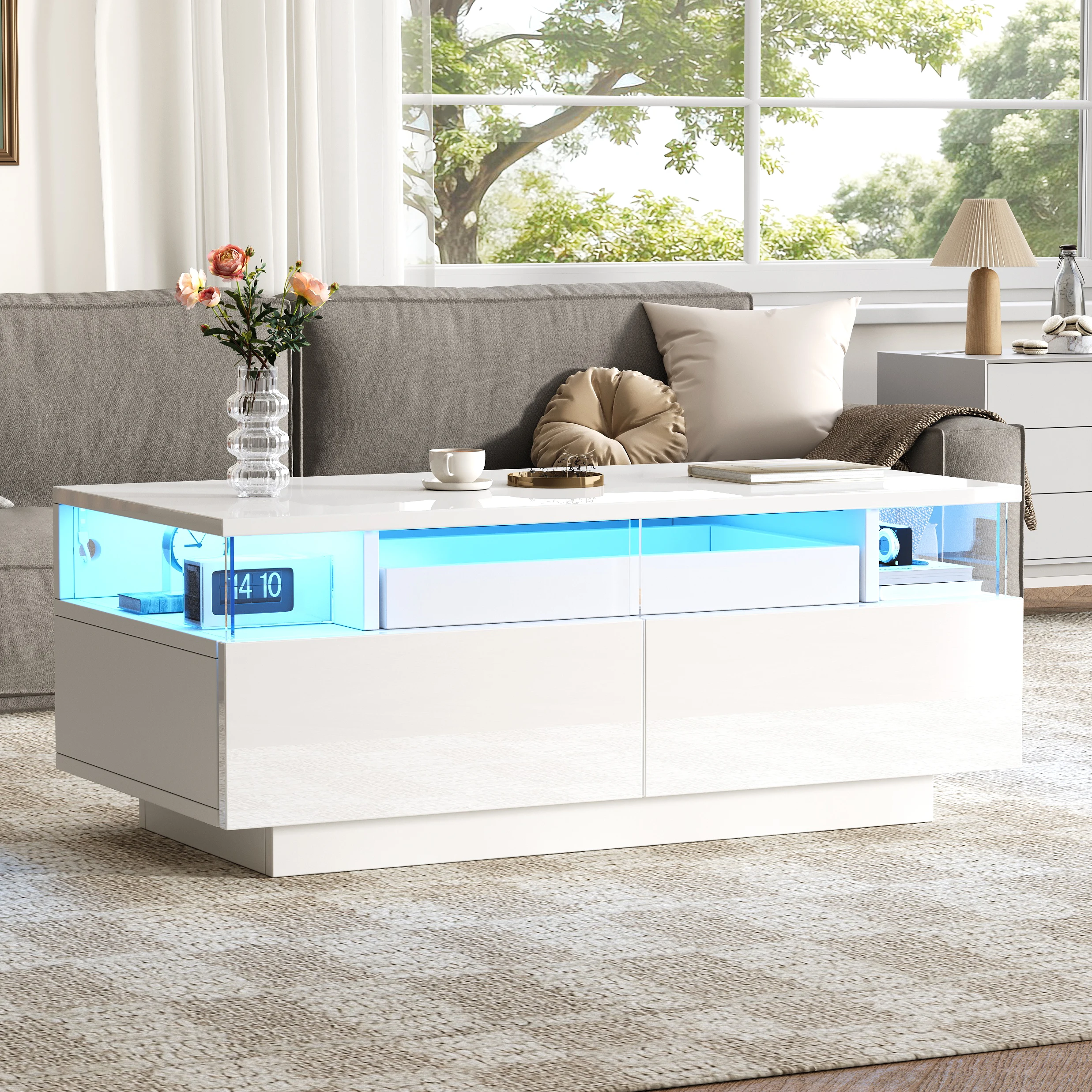 90cm Couchtisch mit Tablett, Hochglanz-Couchtisch fürs Wohnzimmer, Sofatisch mit 2 Schubladen, tragender Beistelltisch aus gehärtetem Glas, kaffeetisch mit LED-Licht
