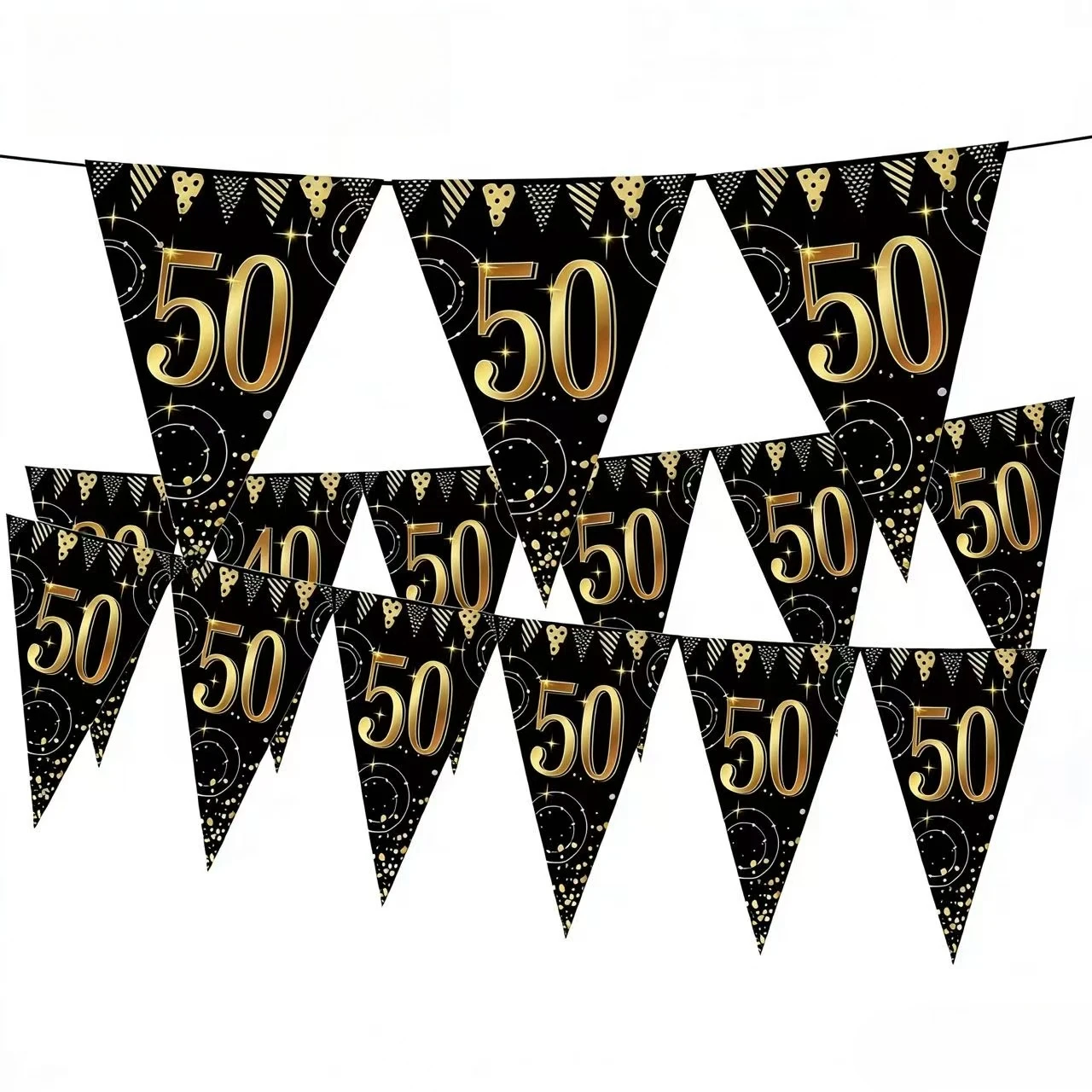 12 Stück goldene und schwarze Glitzer-Wimpel zum 50. Geburtstag, Partydekorationen mit Zahlenfahnen, Papierbanner, Partyzubehör Image