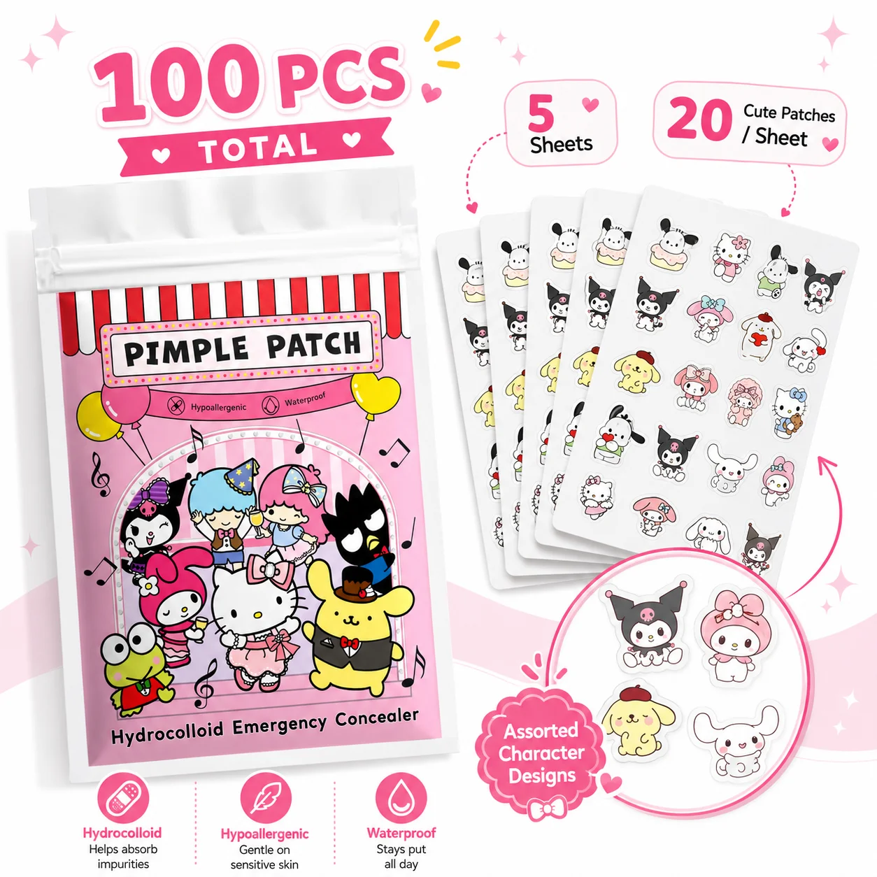 Hello Kitty Niedliche Pickelpatches, 100 Stück Hydrokolloid-Akne-Pflaster, 25 Lustige Designs, Sanft, Wasserdicht, Hautfreundlich
