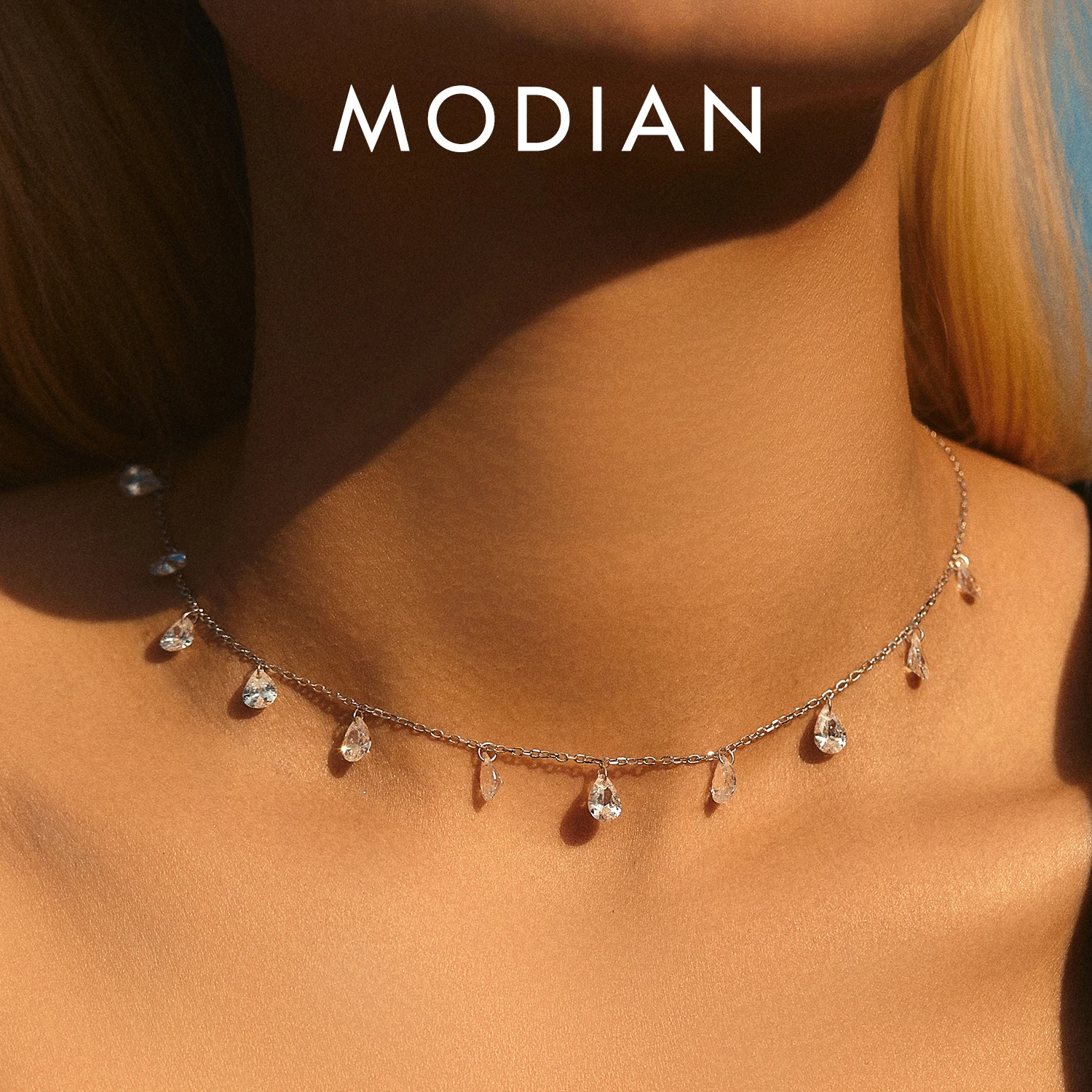 MODIAN Halskette mit stapelbarem Schlüsselbein aus 925er-Sterlingsilber, funkelnde Zirkon-Halskette für Damen, edler Schmuck Image