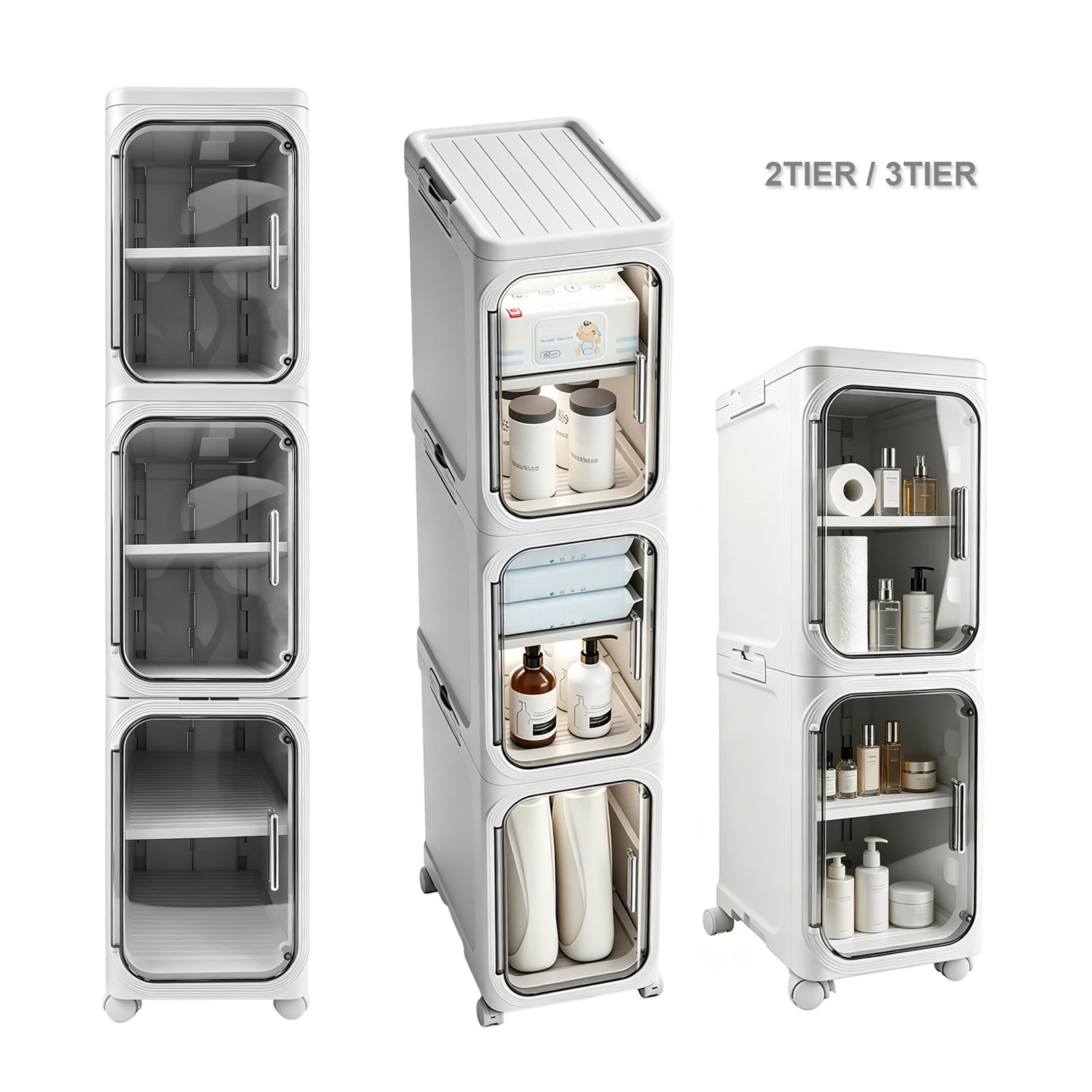 2/3-stöckiger Badezimmerschrank mit Rollen, schmaler Badezimmerschrank für den Haushalt, platzsparend, faltbar, herausnehmbare Regale, magnetische Tür und Rollen mit Verriegelungsmechanismus