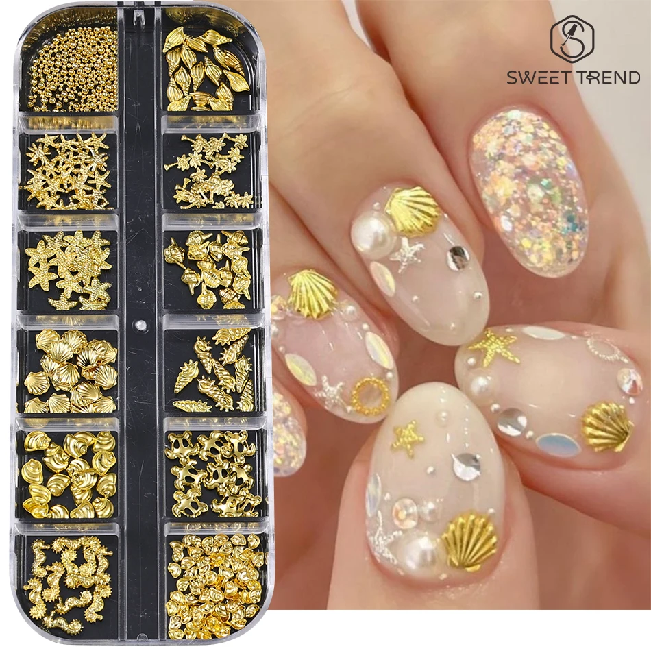 12er-Set Sommer-Ozean-Nagelkunst-Charms: 3D-Mix aus Seesternen, Muscheln, Schnecken und Perlen – DIY elegante Maniküre-Dekoration Image