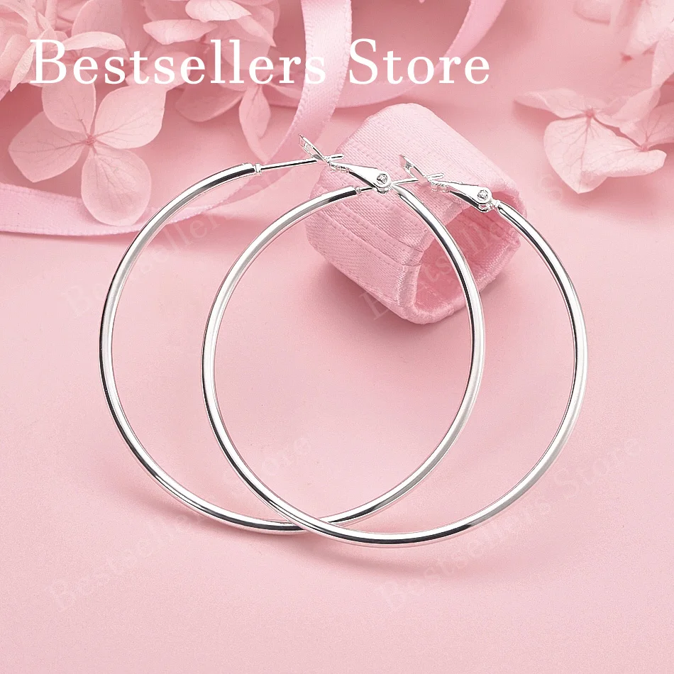 Elegante 925 Sterling Silber 50/60/70/80mm Einfache Runde Große Ohrringe für Damen, Charmanter Schmuck, Geschenke, Party-Accessoires