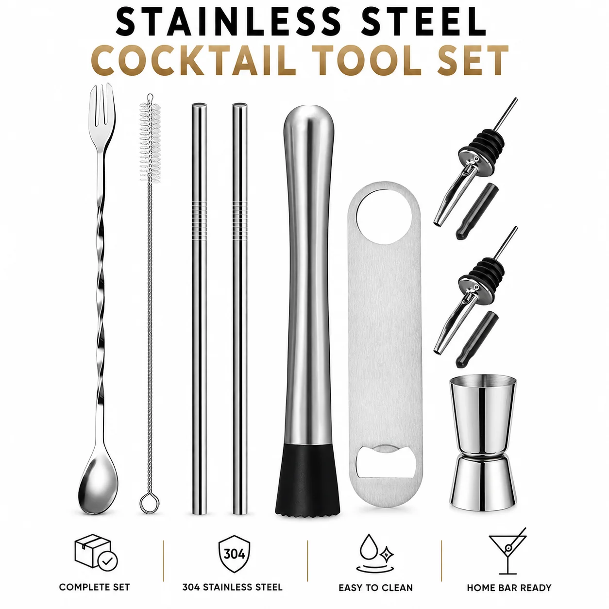 3/4/6/9-teiliges Cocktail-Stirnstock- und Rührlöffel-Set aus Edelstahl, Bar-Zubehör-Set mit Eiszange, Jigger und Flaschenöffner Image