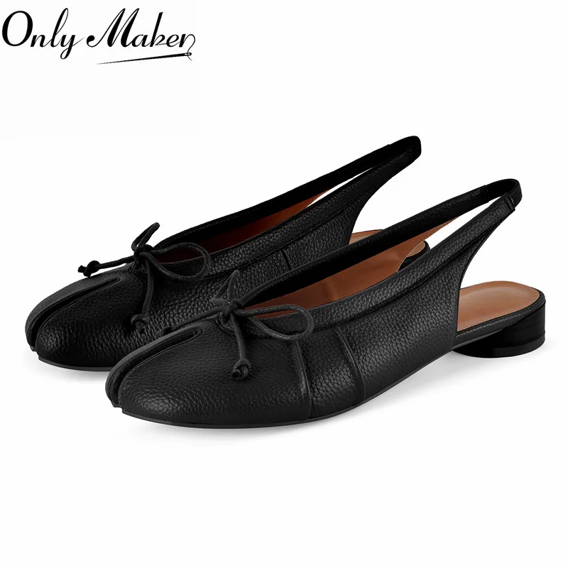 Onlymaker Damen-Slingback-Schuhe mit schwarzer Schleife und geteilter Zehenpartie, Ballett-Riemen, Retro, elegant, große Größe, lässige flache Schuhe mit niedrigem Absatz