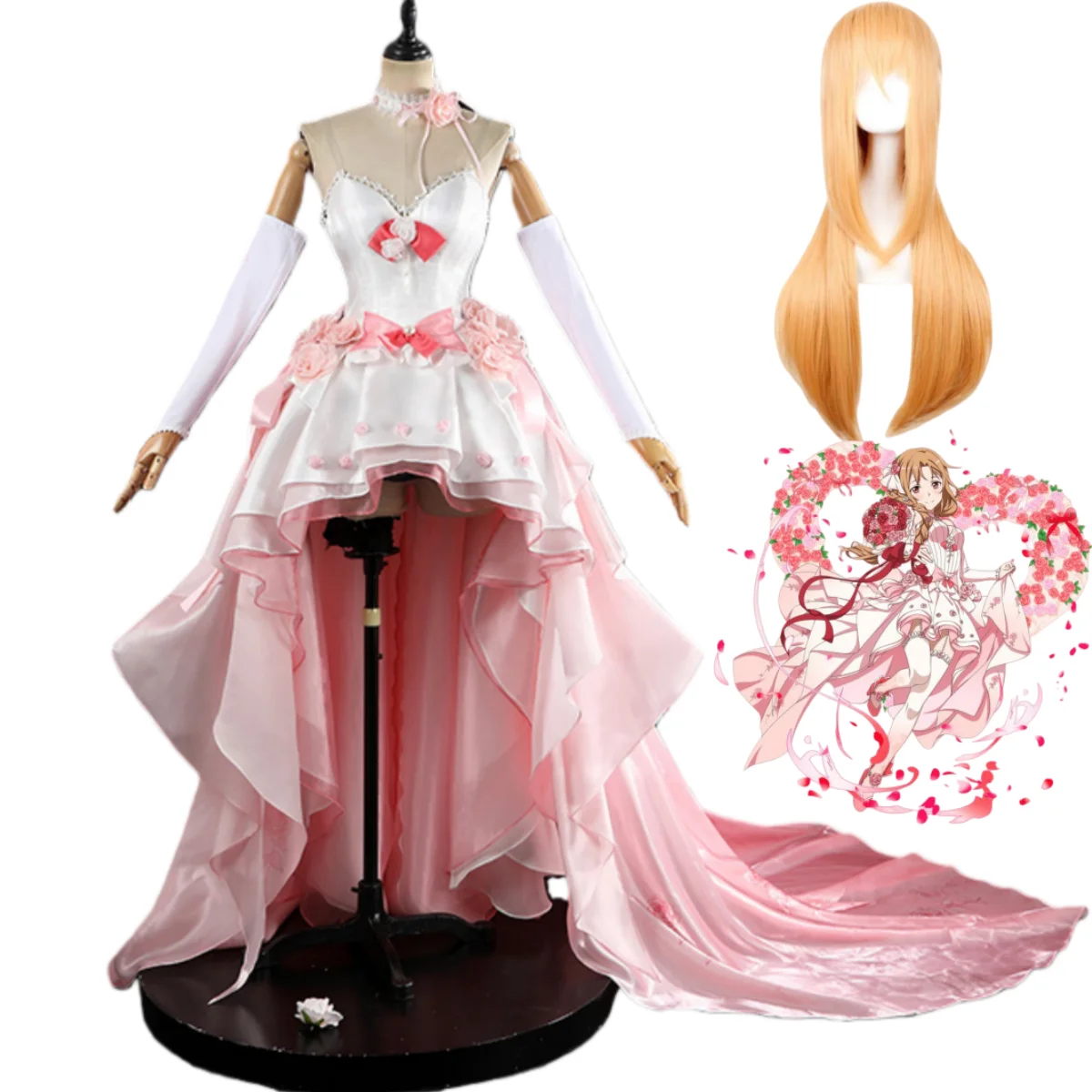 Anime Sword Art Online Yuuki Asuna Cosplay Kostüm Rosa Hochzeitskleid mit Komplettem Zubehör Perücke Sexy Damenanzug