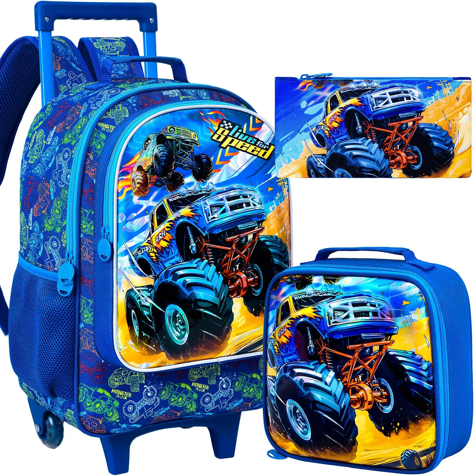 Sac à dos roulant 3 pièces pour garçons, sac à livres d'école à roulettes pour enfants avec sac à déjeuner, sac d'école à roulettes pour enfants