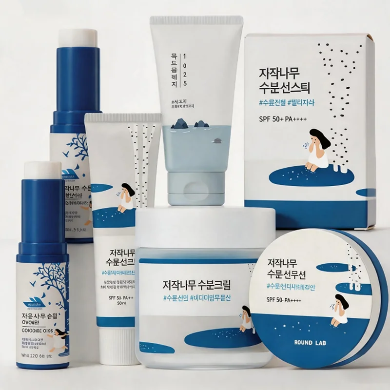 Koreanisches ROUND LAB Birkenholz-Saft Hautpflege-Set, Feuchtigkeitsspendender Sonnenschutzstift/Retinol Augencreme/Feuchtigkeitscreme/Hautbarriere-Reparatur Image