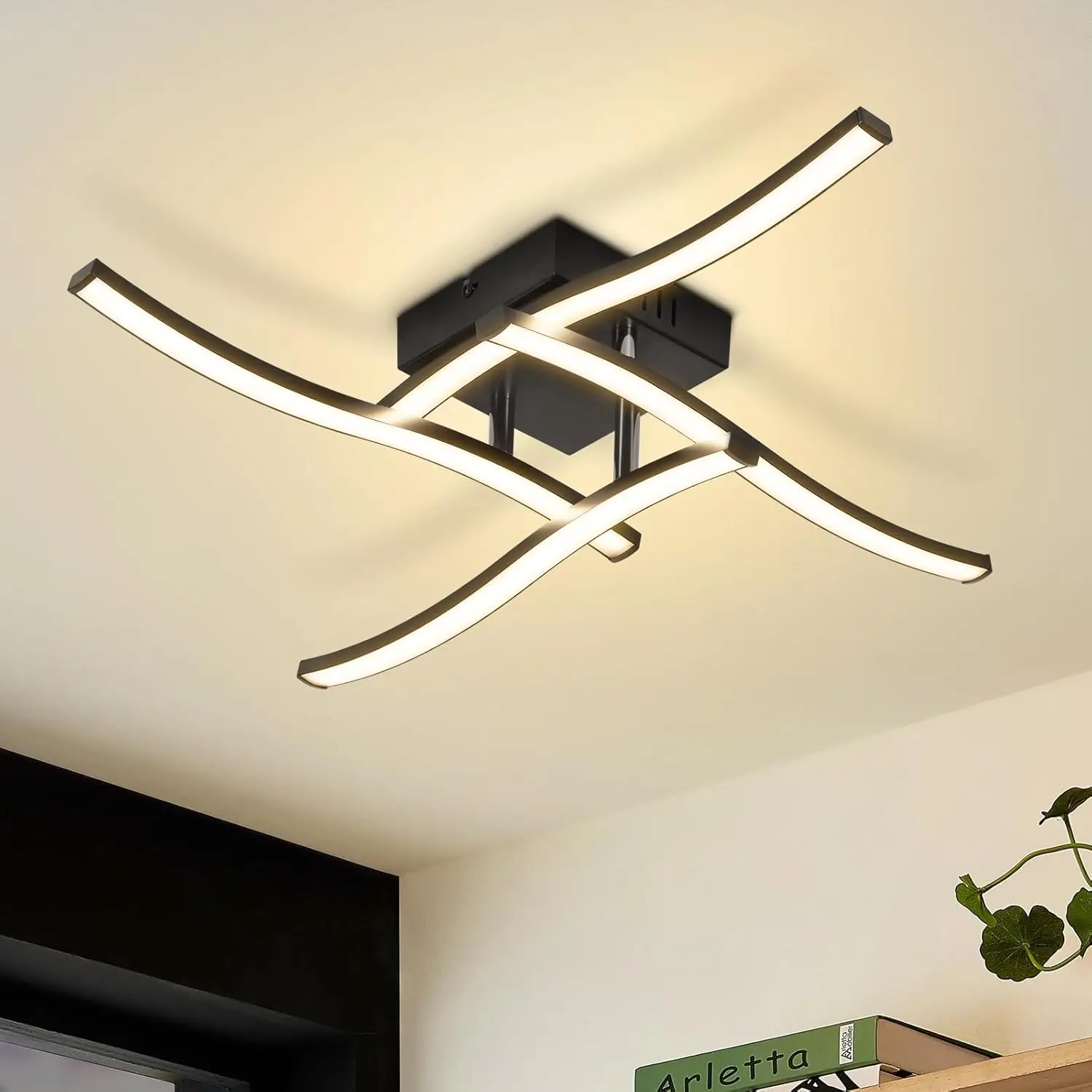 LED Deckenlampe Wohnzimmer Deckenleuchte: 24W Wohnzimmerlampe Schwarz Modern Schlafzimmer Lampe Decke 3000K Wellen Design Küchenlampe Warmweiß Deckenbeleuchtung für Küche Flur Büro