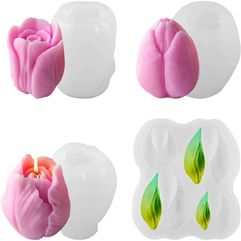 Blumenförmige Silikonform, 4er-Set, Tulpenförmige Kerzenform, Blattförmige Form, dreidimensionale Blumenkerzenform, Blumenförmig Image