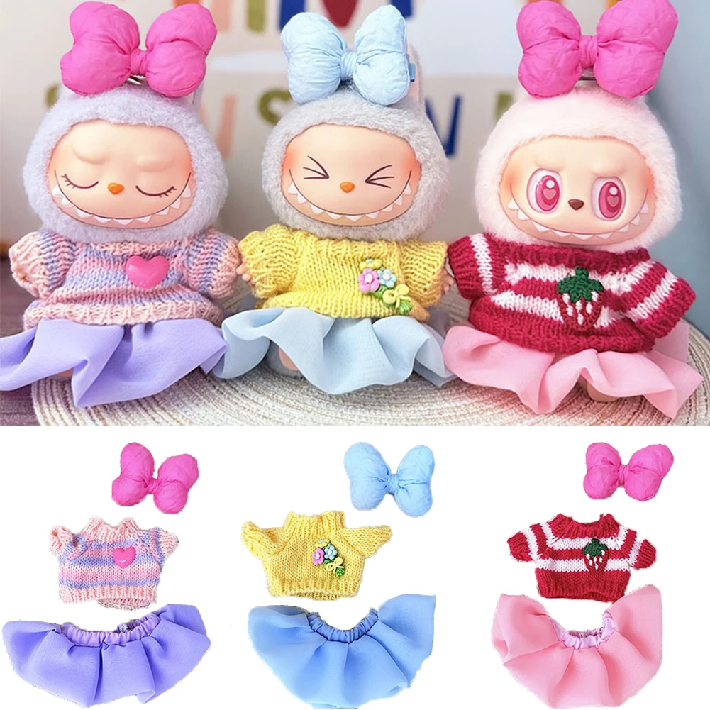 Für 15/17cm 3.0 Big Labubu Rosa & Lila Pullover, Jelly-Gaze-Rock und Canvas-Schuhe Set für Ropa Labubu Puppenzubehör