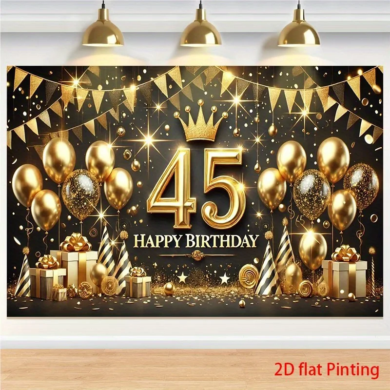 1 Stück übergroßer Geburtstagshintergrund in Gold und Schwarz mit Zahlen-45-Motiv – Elegante große Ballonbogen-Dekoration – 45. Geburtstag