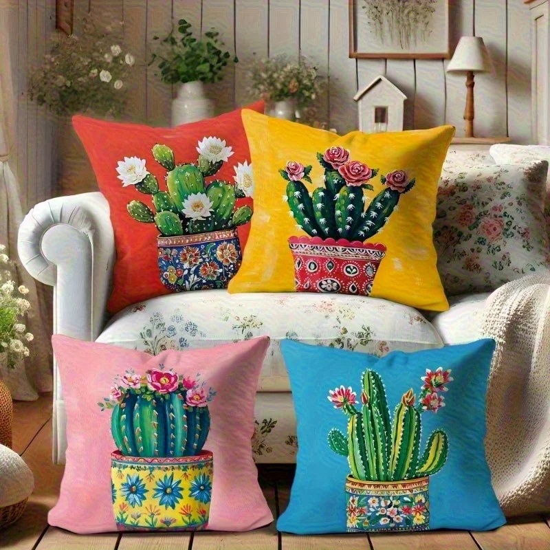 1 Stück Mexikanische Volkskunst Blumen-Kaktus Kissenbezug 2D Doppelseitiger Druck Polyester Kissenhülle für Zuhause Sofa Einweihungsgeschenk Image