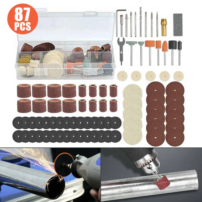 87-teiliges Mini-Bohrer-Zubehör-Set, Schleif-Drehwerkzeug, Zubehör, Bits, Klingen, Scheiben-Set für Dremel-Schleifen, Schneiden, Schleifen Image