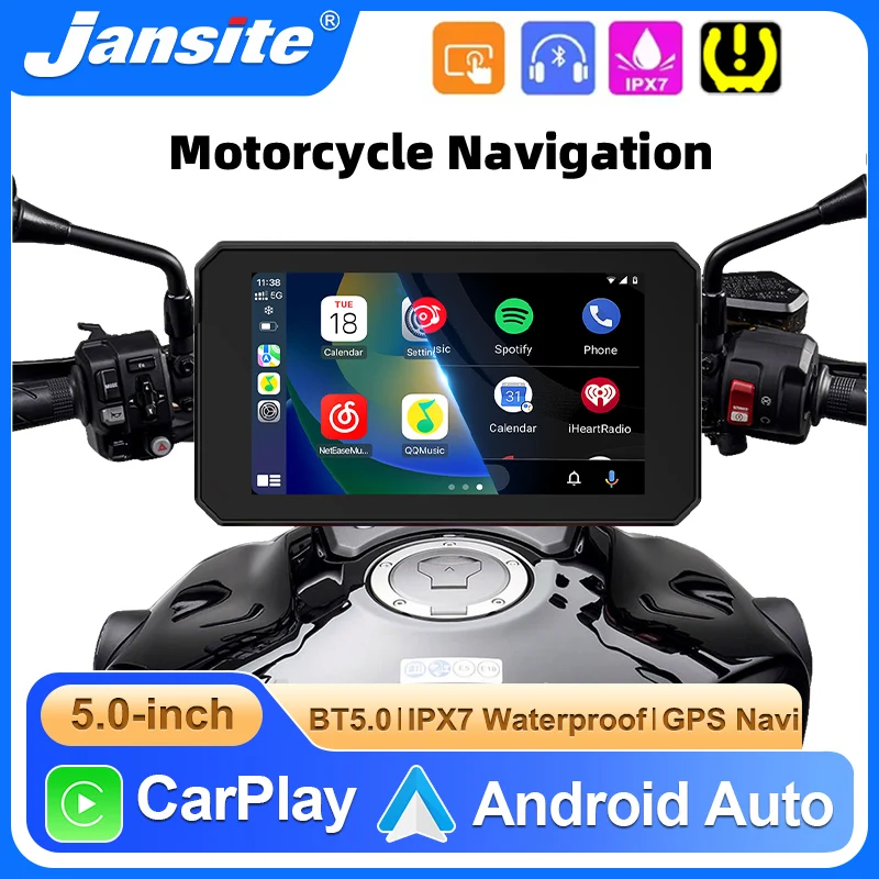 Tragbares 5-Zoll-Motorrad-GPS-Navigationsgerät mit Bluetooth, Wireless Carplay, Android Auto, IPX7 Wasserdichtes Display, Moto-Armaturenbrett-Monitor Image