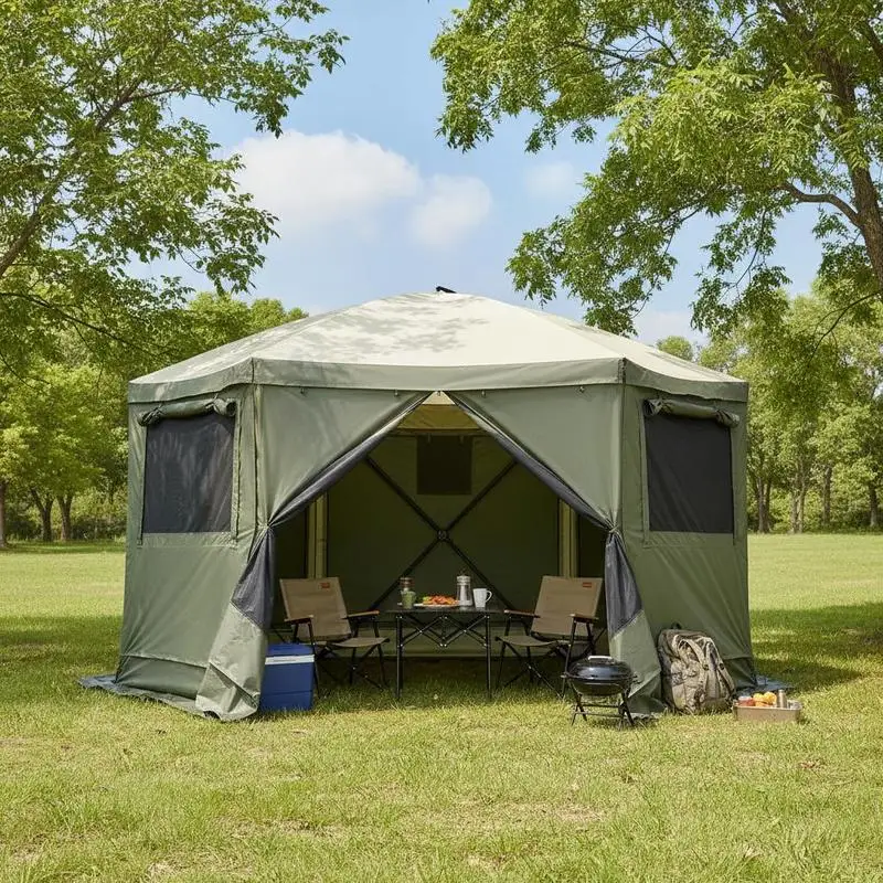 Pavillon mit Moskitonetz 3,66 x 3,66 m, 6-seitiger, polygonaler, schnell aufbaubarer Sonnenschutz mit 6 abnehmbaren, winddichten Sonnenschirmen und Netzfenstern, Grün Image