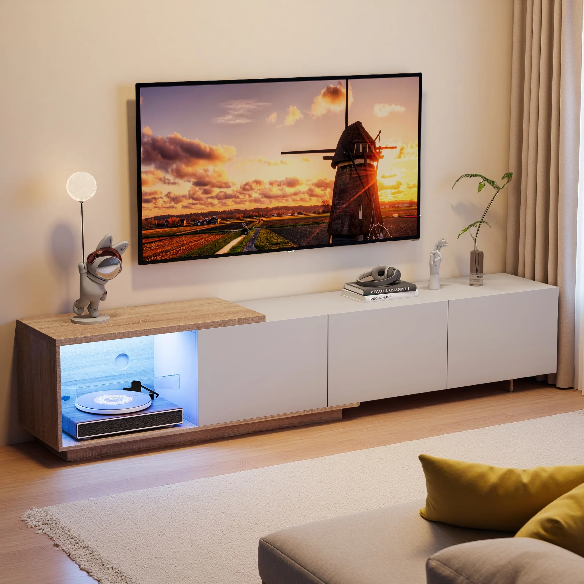 Roshanda TV-Schrank mit LED, 240 cm, TV-Ständer mit 3 Schubladen, TV-Regal für Fernseher bis zu 65 Zoll, für Wohnzimmer, Schlafzimmer, Weiß/Schwarz