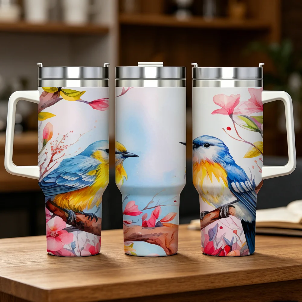 Aquarell-Vögel-Blumen-Thermosflaschen 40oz Edelstahl Isolierter Becher mit Griff & Strohhalm Auslaufsicherer Reisebecher Image