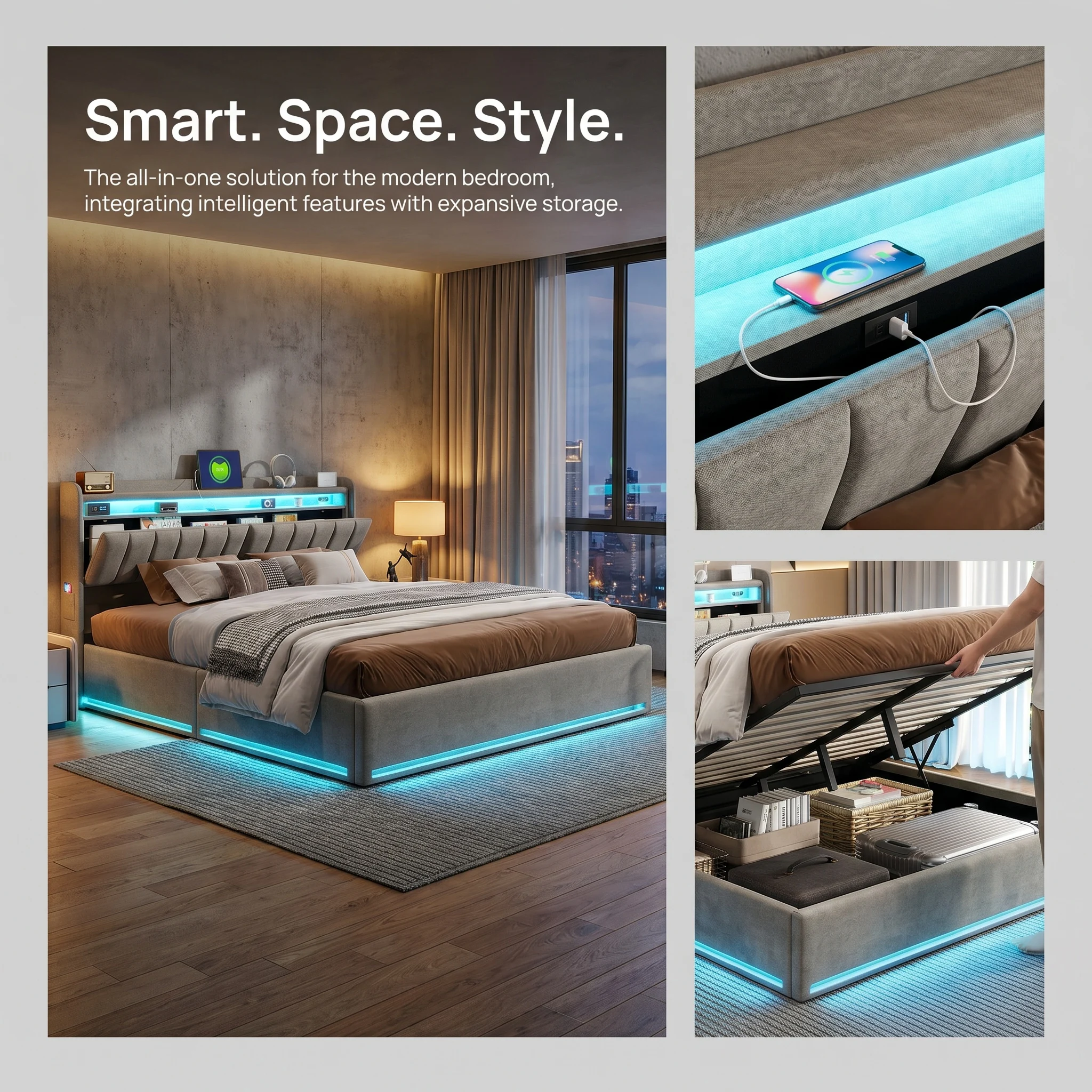 Rosahqnda Polsterbett, 140 x 200 cm, mit LED-Beleuchtung und USB-Anschluss, offener/geschlossener Stauraum, Einzel-/Doppelbett, Lattenrost, Samt Image
