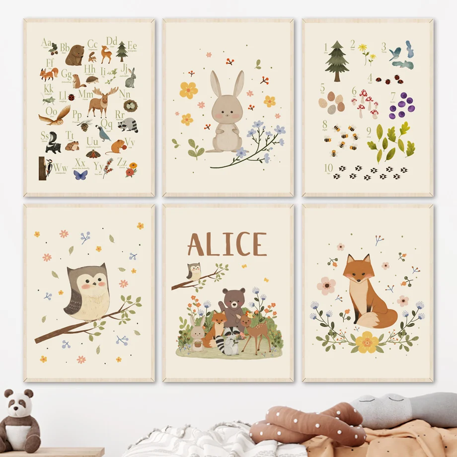1 Stück rahmenlose, niedliche Tierposter und -drucke mit Kaninchen, Fuchs, Eule, Bär, Alphabet und Zahlen für die Kinderzimmer-Wanddekoration, Leinwandgemälde, Tierposter und -drucke, Bild Baby K Image