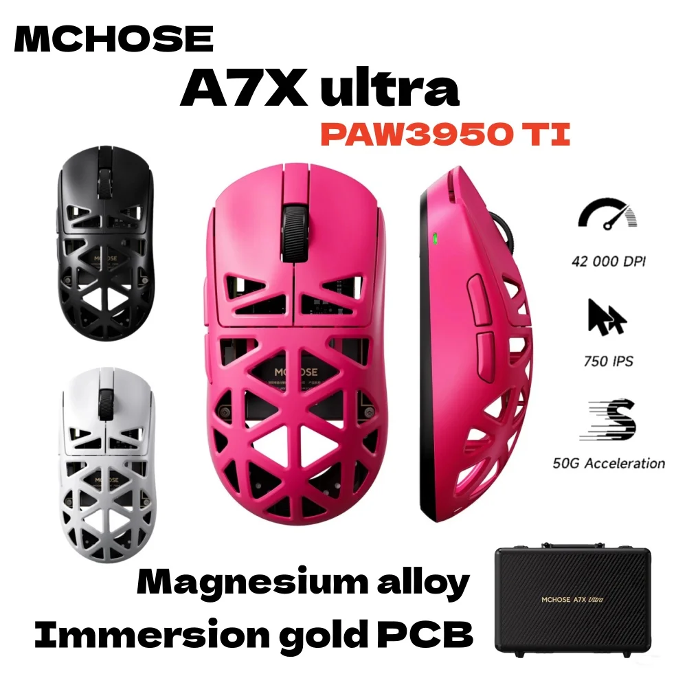 MCHOSE A7X Gaming-Maus aus Ultra-Magnesium-Legierung, PAW3950 TI-Sensor, optisch, 8000 Hz, Macros mit extrem hoher Schädlingsrate für Logitech Image