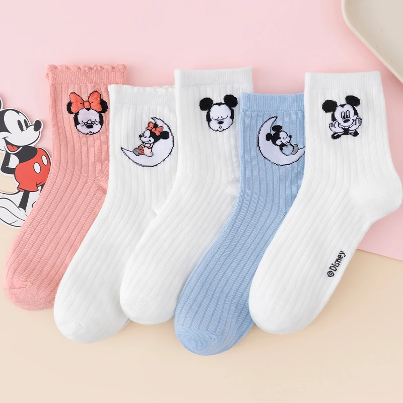 5 Paar Disney Mickey und Minnie Crew-Socken für Damen, süße und niedliche, plissierte Baumwoll-Mid-Tube-Socken mit Cartoon-Mond-Print Image