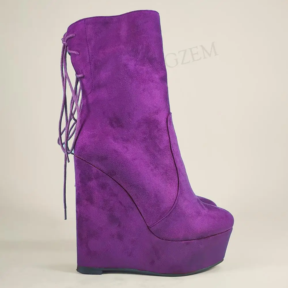 LAIGZEM MODE Frauen Kalb Plattform Keile Stiefel Faux Wildleder Hochhackige Stiefel Unisex Party Schuhe Frau Große Größe 45 47 48 52