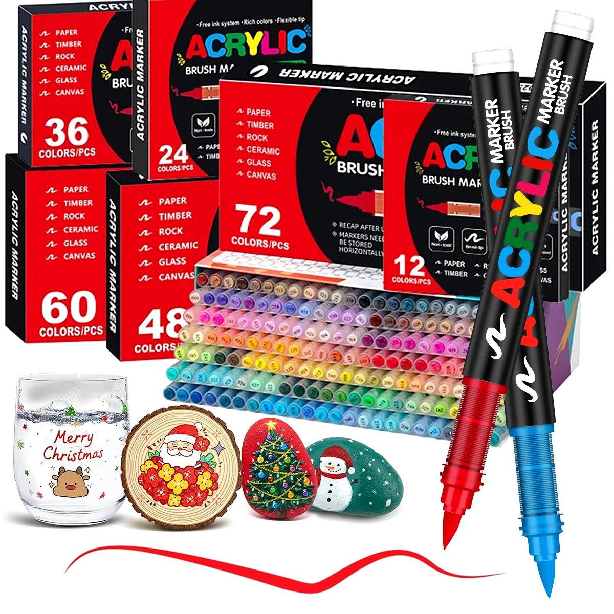 72 Farben Acryl-Malstifte-Set mit Pinselspitze für Steinmalerei, Holz, Leinwand, Stein, Weihnachtsgeschenk, DIY-Bastelarbeiten Image