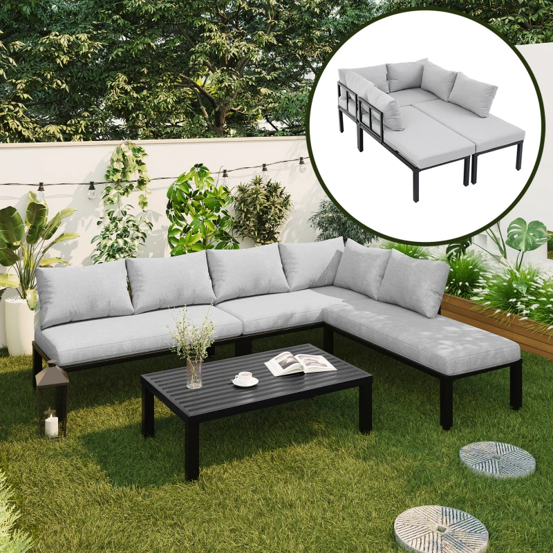 Ensemble de salle à manger de jardin, ensemble de meubles de jardin, ensemble de fauteuils de jardin avec structure en fer galvanisé, 6 places, pieds réglables, dossier amovible, canapé modulaire,