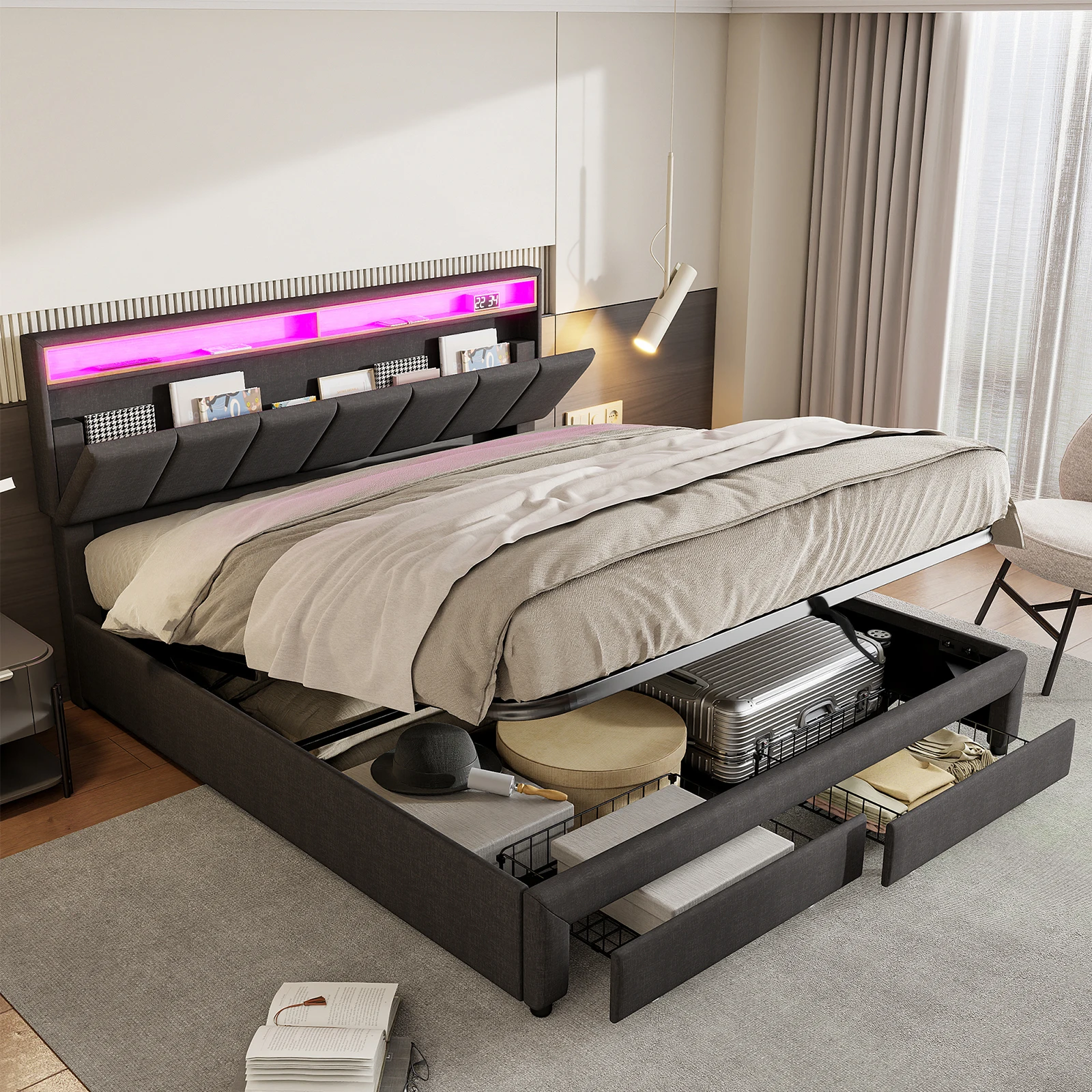 Anajqaqia, lit double 180×200 cm, lit rembourré, cadre de lit avec 2 tiroirs au pied du lit, lit hydraulique, lit moderne et minimaliste, grand lit pour chambres à coucher, linge de maison, gris