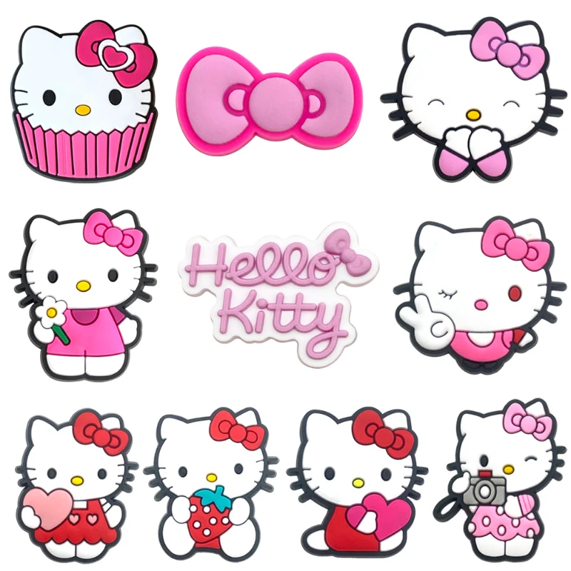 10 Stück Hello Kitty Schuh-Charms, niedliche rosa Schleifen-Schuh-Charms für Clogs, Cartoon-Schuhdekorationen, Zubehör für Mädchen, Partygeschenke