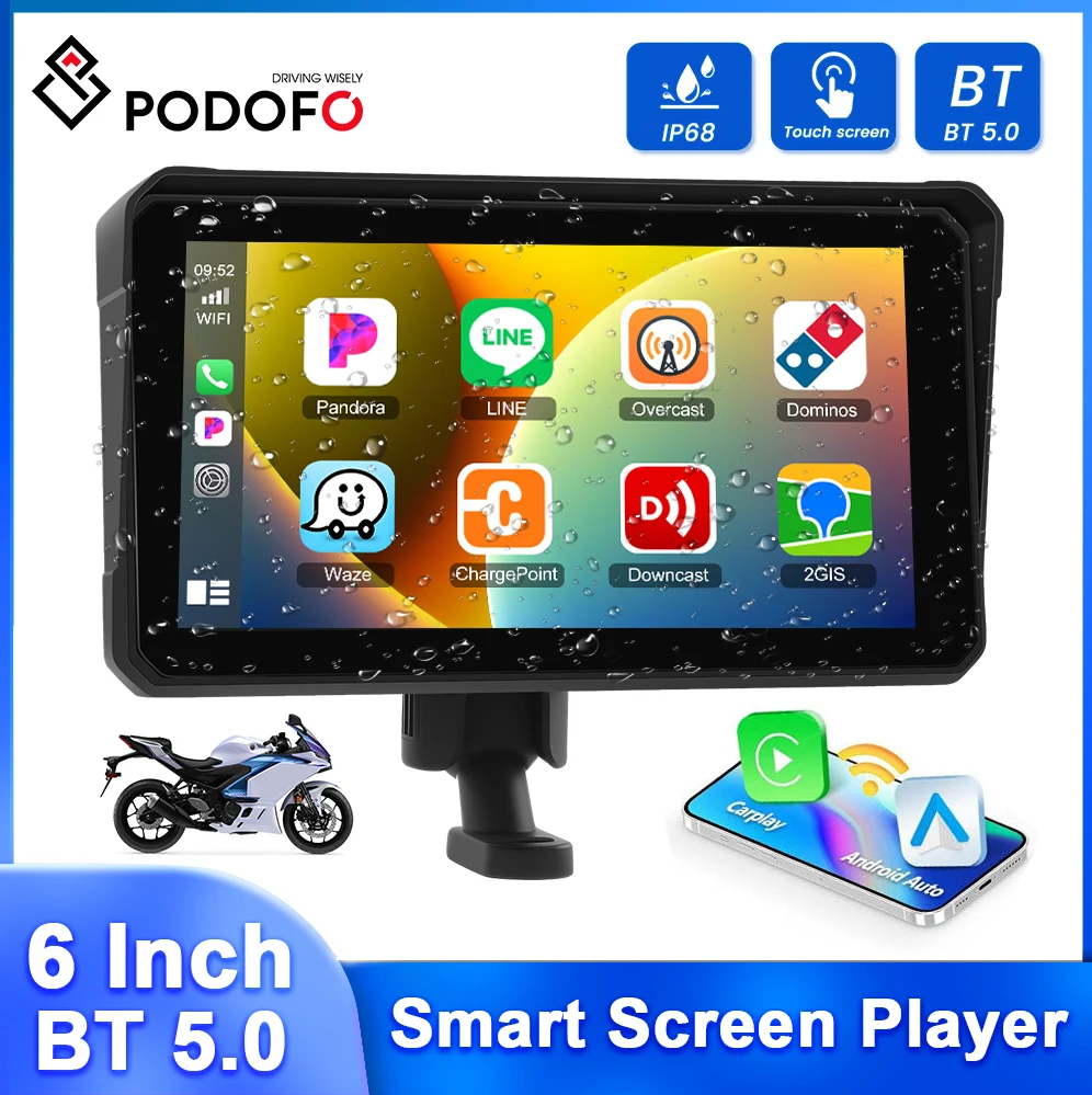 Podofo 6'' Smart Screen Player Kabelloses Carplay Android Auto Motorrad-Monitor Automatische Helligkeitsanpassung Wasserdicht IP68 Bluetooth Image