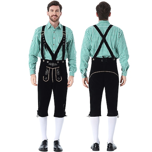 Oktoberfest Bundhosen Ensemble de culottes de cuir Lederhosen Mi-long Broderie Motif vichy rouge Allemand Alpin Patrimoine Prairies Homme Carnaval Fête de la Bière Tissu de style traditionnel