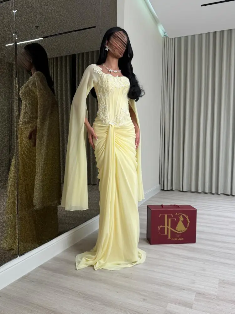 Customized Arabic Evening Dress 2026 Cape Sleeve Corset Lace Chiffon Mermaid Formal Party Gown Draped Wedding Guest Attire