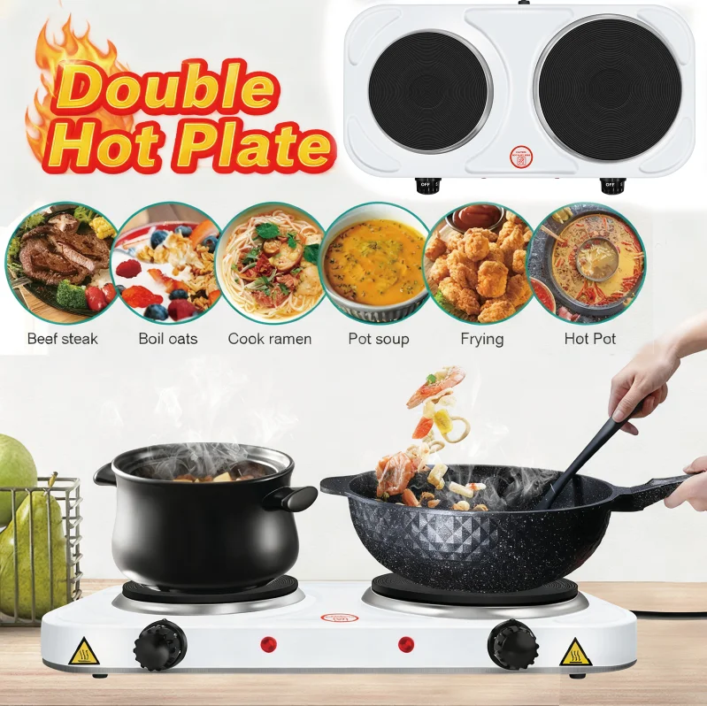 2500W Doppelkochplatte Tischkochfeld mit 5 Temperaturstufen und Leistungsanzeige Tragbare Gusseisen-Heizplatte zum Erwärmen/Kochen/Kochen auf dem Dampfgarer Einfach zu Reinigen - Weiß Image