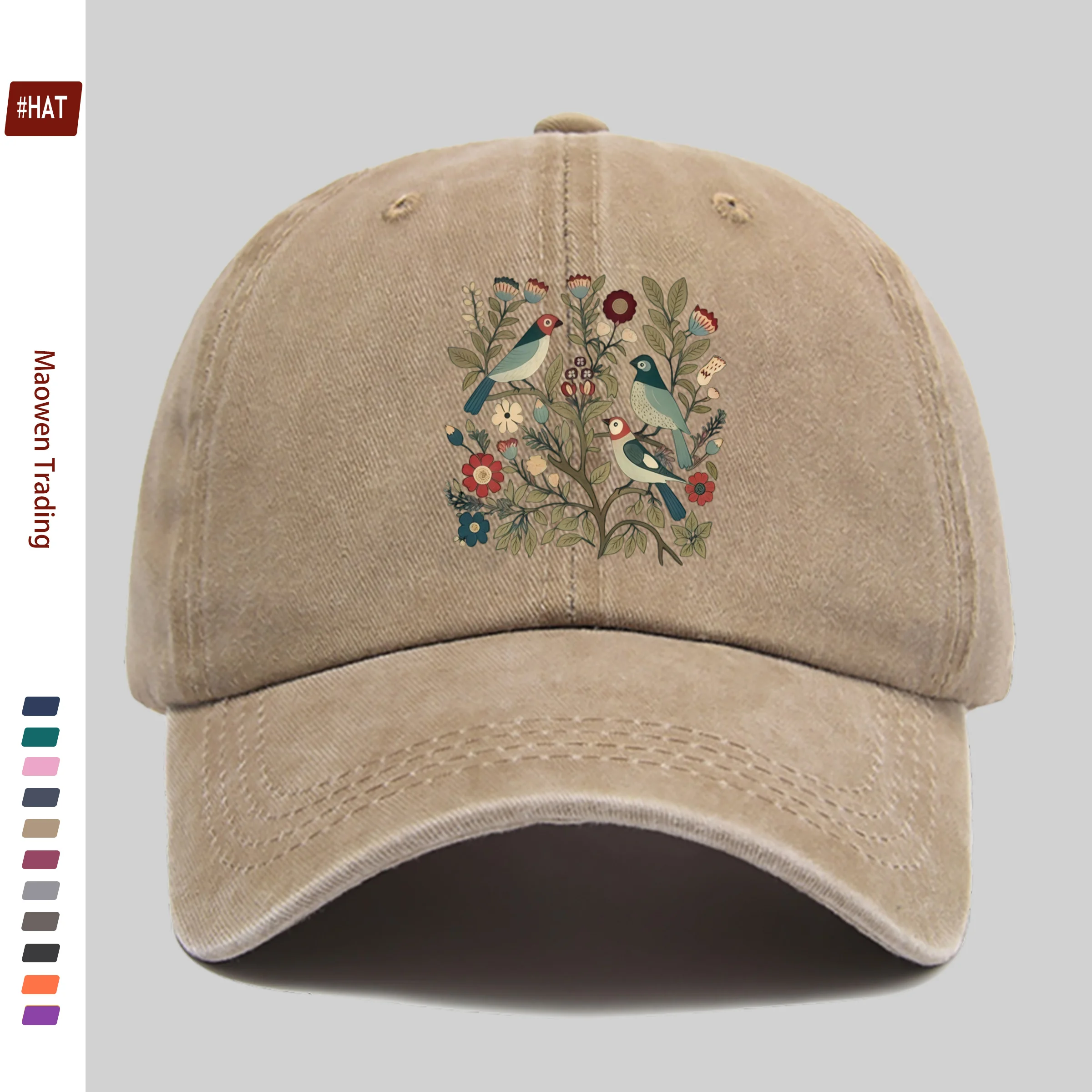 1 Stück Vintage Trucker Cap mit botanischem Blumen- und Vogelmuster – verstellbare Snapback-Baseballmütze, geeignet für Männer und Frauen, leicht Image