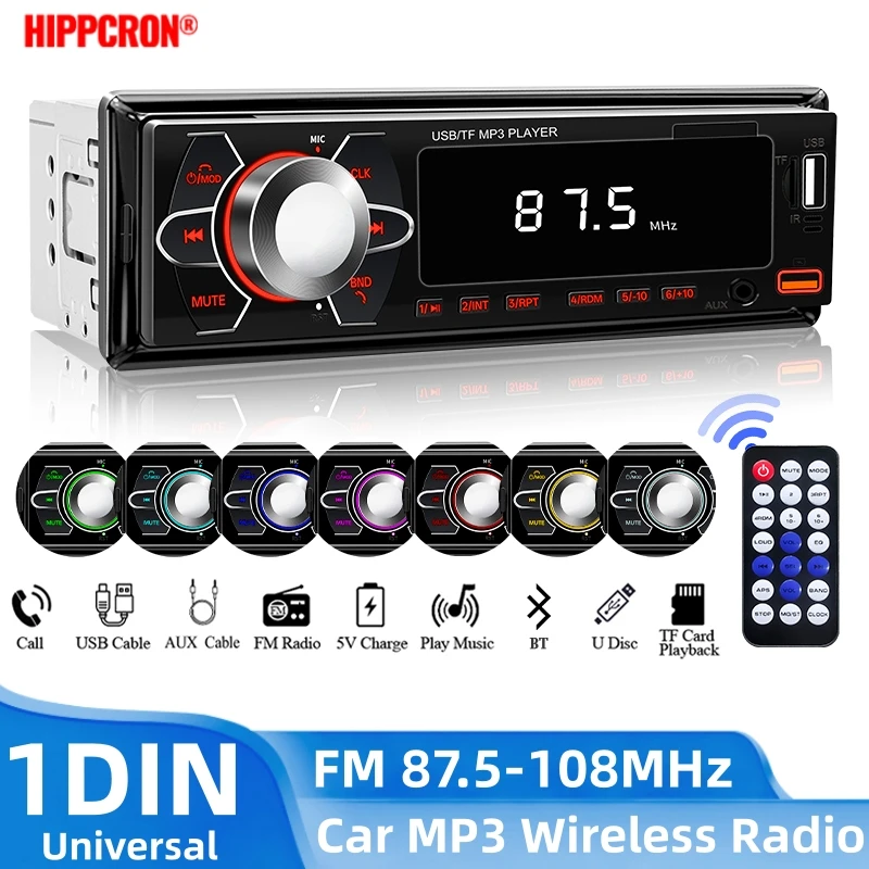 HIPPCRON Auto-MP3-Player Unterstützt Drahtlose Anrufverbindung mit 7-Farben-Lichtanpassung Stereo für FM-Musikradio 87,5-108 MHz Image