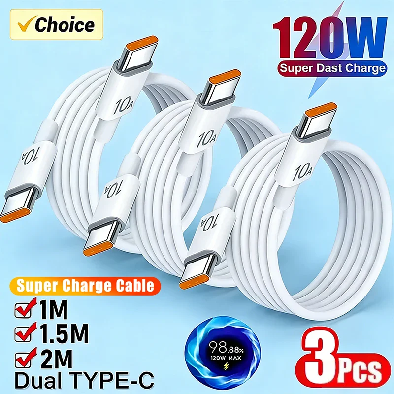 120 W 10 A Superschnelles Ladekabel Typ C auf Typ C Kabel, Hochgeschwindigkeits-Datenübertragung für iPhone, Huawei, Xiaomi, Ladekabel, 1/2/3 Stück Image