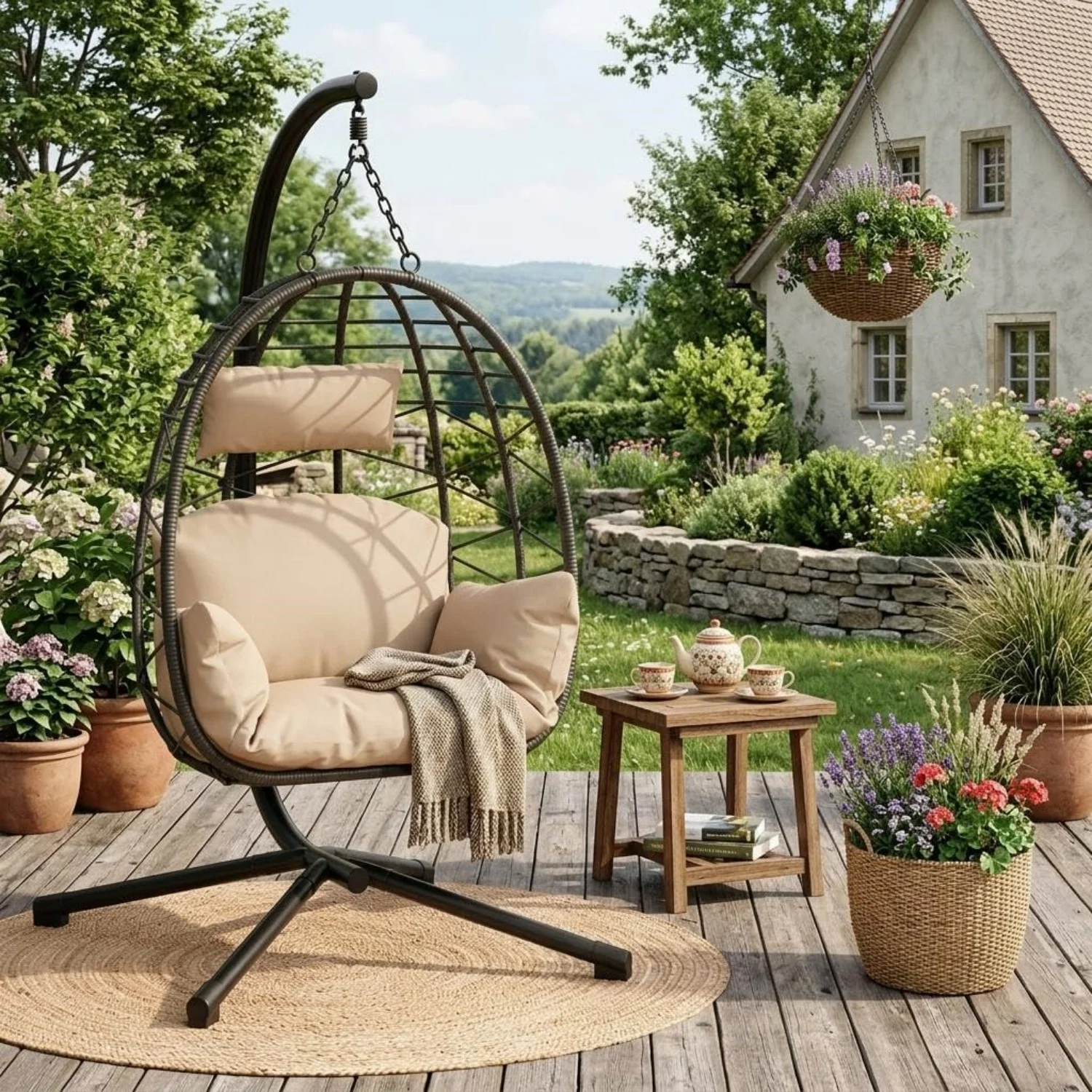 Hängesessel mit Gestell Outdoor & Indoor – Rattan Hängestuhl bis 130 kg belastbar – Freistehender Hängesitz (Egg Chair) inkl. Kissen & Schutzhülle für Garten, Balkon & Wohnzimmer