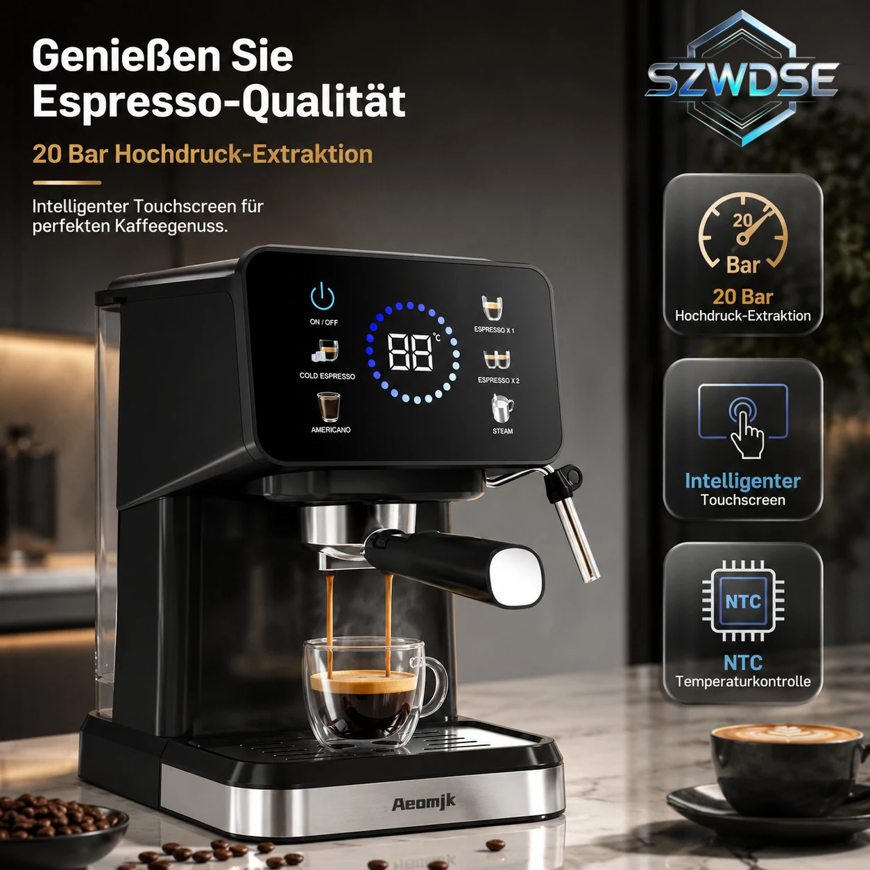 Halbautomatische Espressomaschine 220V mit 1,5-Liter-Wassertank für Zuhause. Touchscreen-Steuerung für Heiß- und Kaltbrühfunktion. Espressomaschine funktioniert als hochwertiger Kaffeevollautomat für Image
