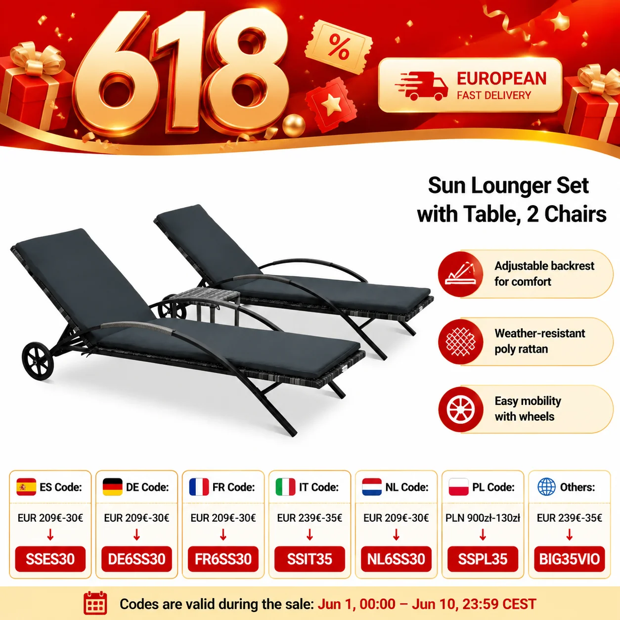 Sonnenliegen-Set mit Tisch, 2 x Polyrattan-Liegestühle mit verstellbarer Rückenlehne, gepolstert, Anthrazit, Gartenmöbel-Set für den Außenbereich mit Beistelltisch, mobil mit Rollen