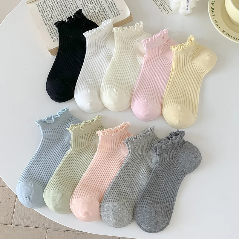 Socken für Damen, Sommer, neu, einfarbig, lässig, täglich, süße Rüschensocken, dünn, atmungsaktiv, ausgehöhlt, modisch, mit Rüschen, kurze Damensocken Image