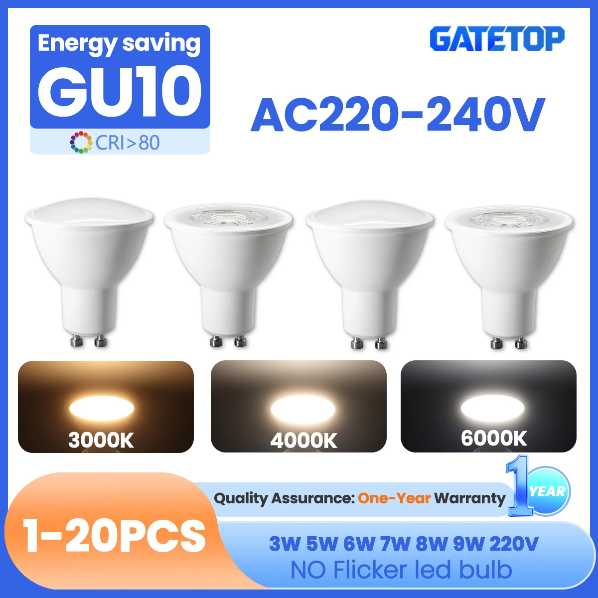 1–20 Stück LED-Strahler, GU10-Birne, 3 W, 5 W, 6 W, 7 W, 8 W, 9 W, AC 220 V, ersetzt 50 W Halogenlampe, geeignet für Down-Lampen-Kronleuchter Image