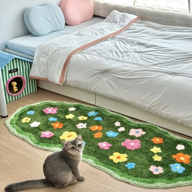 VIKAMA Pastoral Floral Teppich Weiches Unterfußgefühl Wohnzimmer- und Schlafzimmer-Nachttischteppich Maschinenwaschbar für pflegeleichte Image