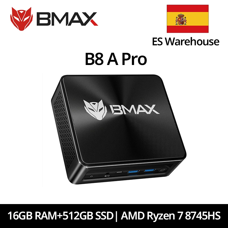 Mini PC Bmax B8 A Pro, processeur AMD Ryzen 7 8745Hs, carte graphique AMD Radeon 780M, 16 Go de RAM, SSD 512 Go, Windows 11, Wifi, Bluetooth, USB, HDMI, Type-C, DP.