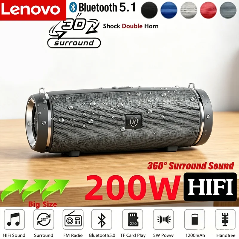 Enceinte Bluetooth portable Lenovo IPX7 étanche 200W, HIFI, stéréo, subwoofer, radio FM, lecteur de carte TF, Boom Box
